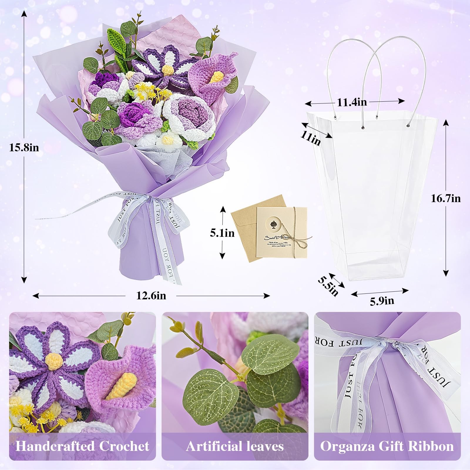 Crochet Flower Bouquet Purple, Handmade Knitted Flowers Bouquet, Knitted Flor…
