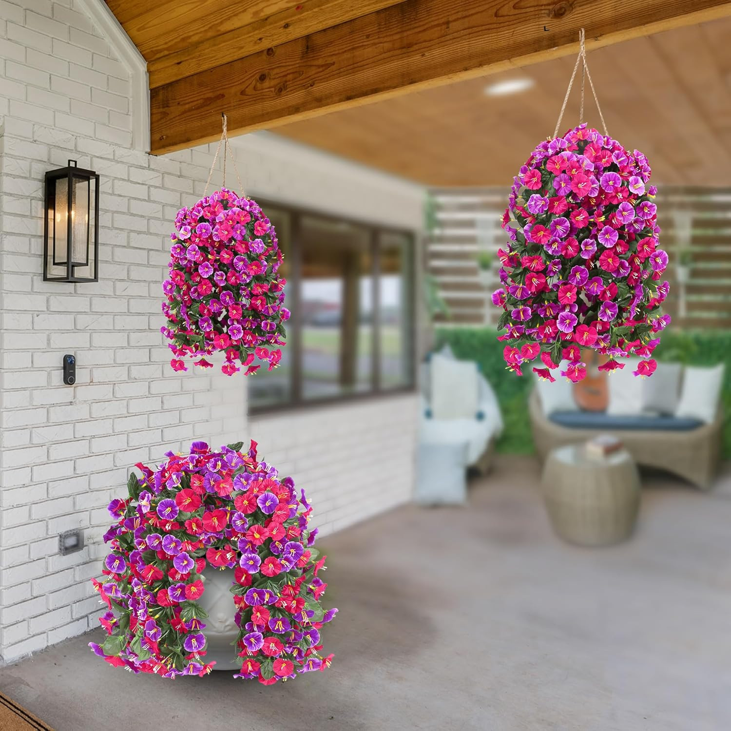 4Pcartificial Hanging Flowers Outdoor Uvresistant Morning Glory Rose Red Magenta