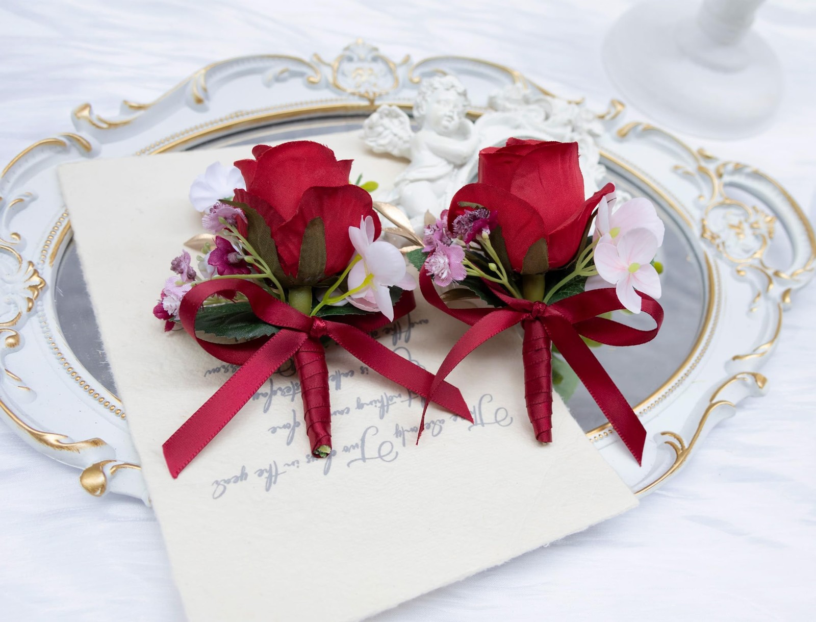 2 PCS Rose Red Boutonniere Men Artificial Flowers Wedding Groom Prom