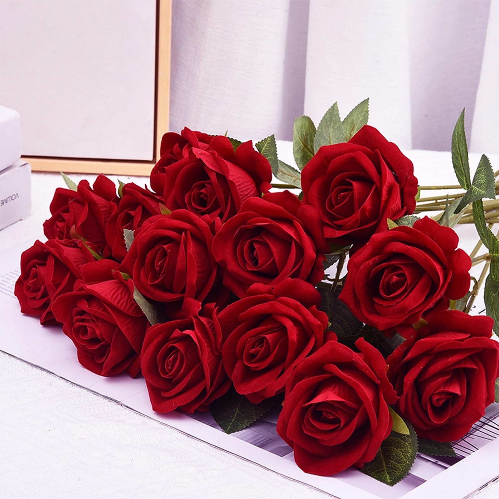 50 Pcs Velvet Red Roses – Real Touch Artificial Flowers, Long Stem Bouquet for W