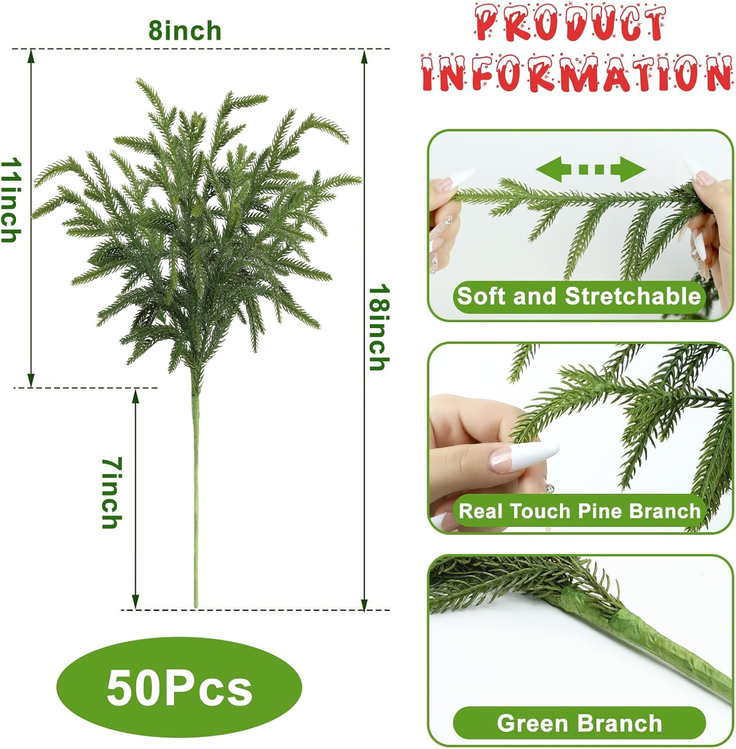 50 Pcs 18″ Real Touch Pine Branches for Christmas Decor & Arrangements