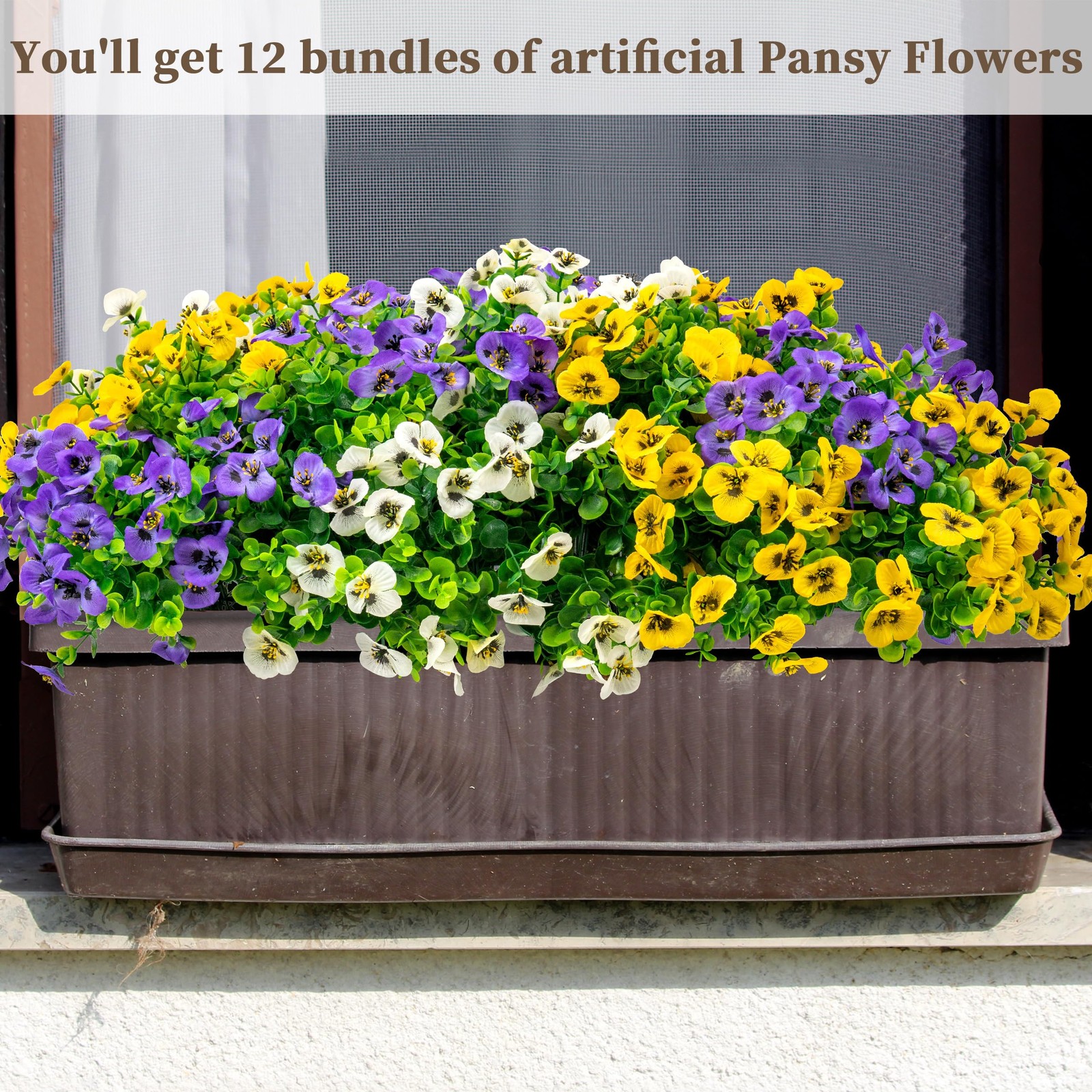 12 Bundles Artificial Fake Pansy Flowers for Outdoor – Yellow, White & Purple…