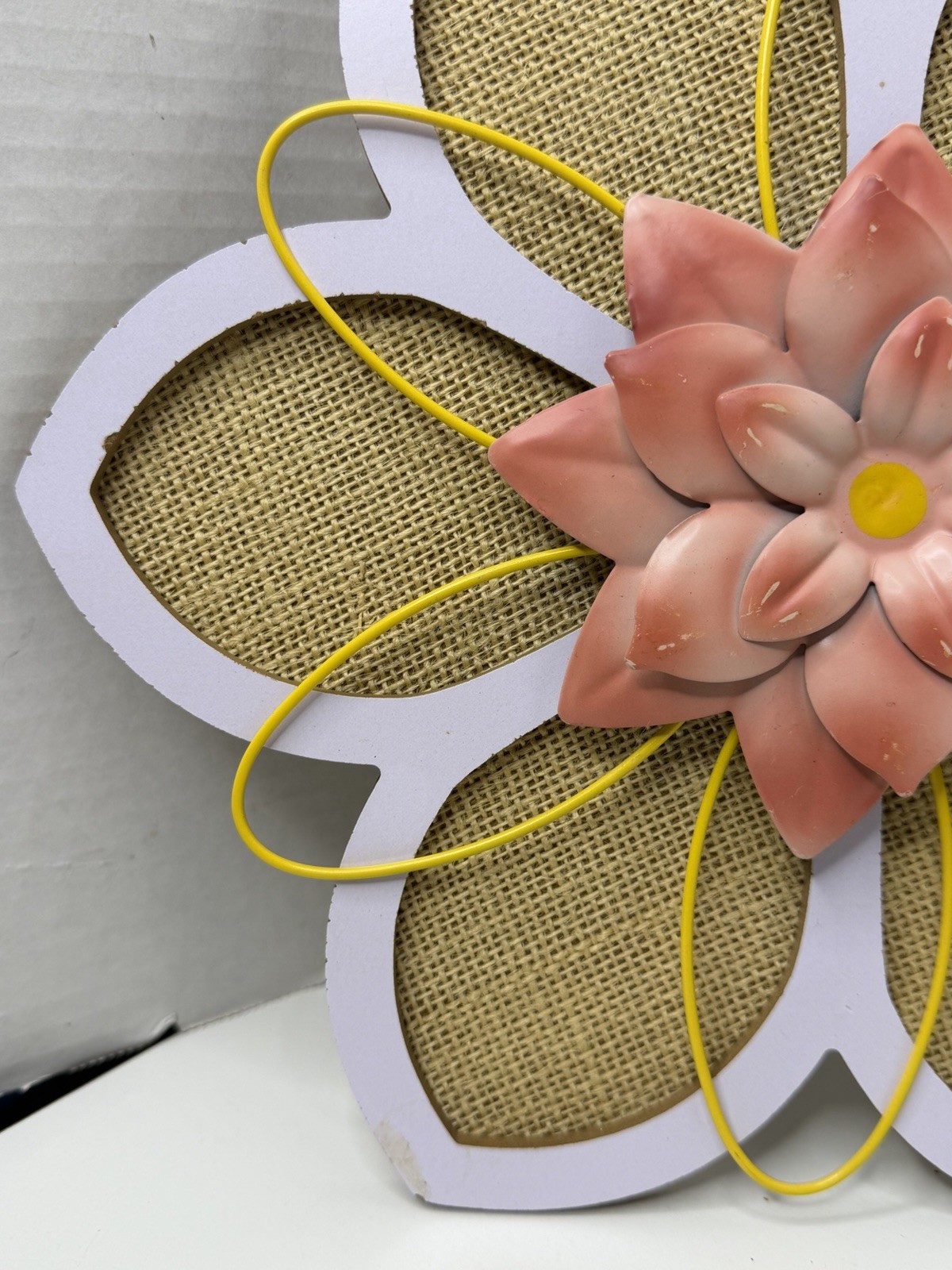 3 Wood Burlap & Metal 3D Flowers Decor Hanging 12” Wall Home Decor Wall Hanger
