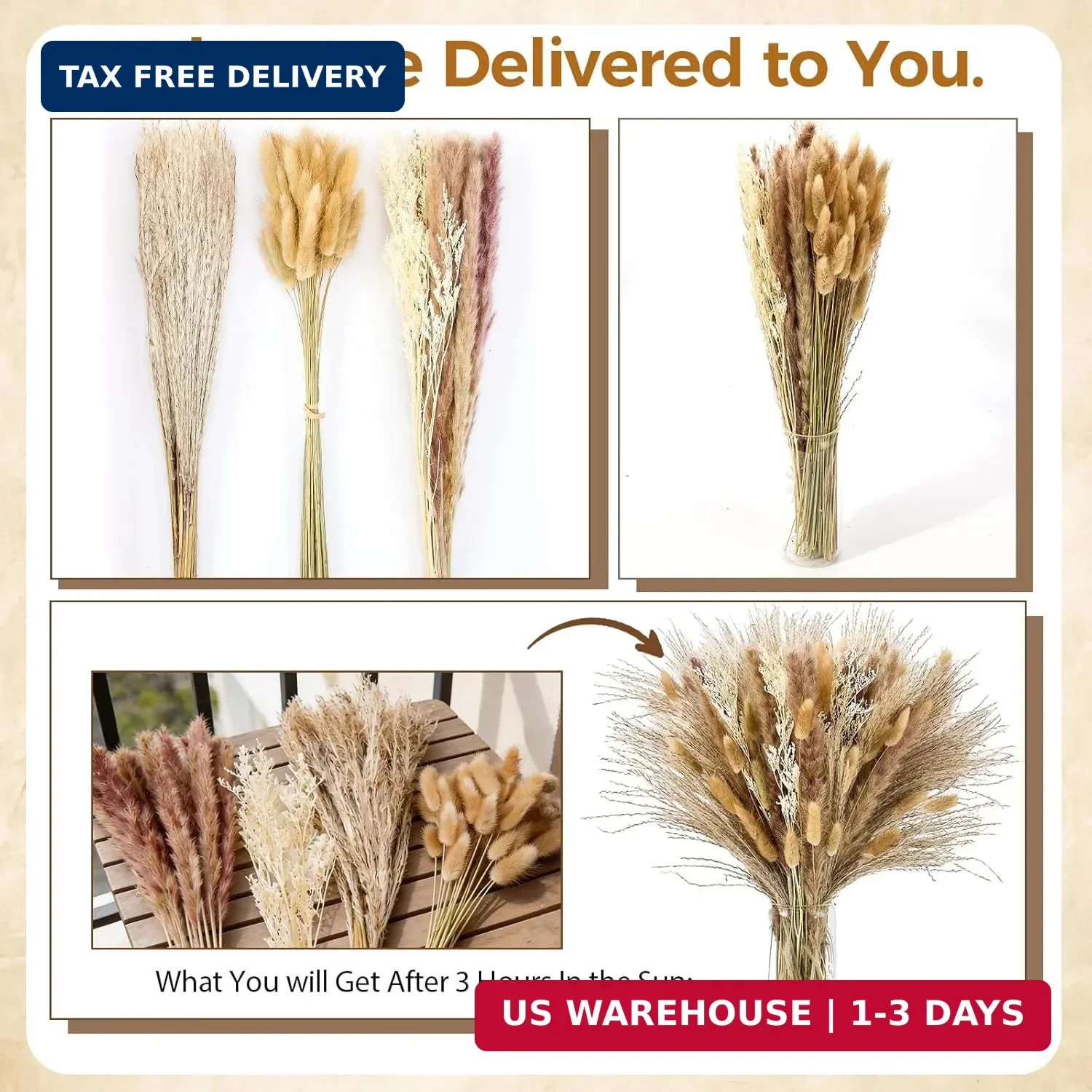 100 Pcs Pampas Grass Boho Decor, 17″ Dried Flowers Bouquet for Vase, Crafts, Boh