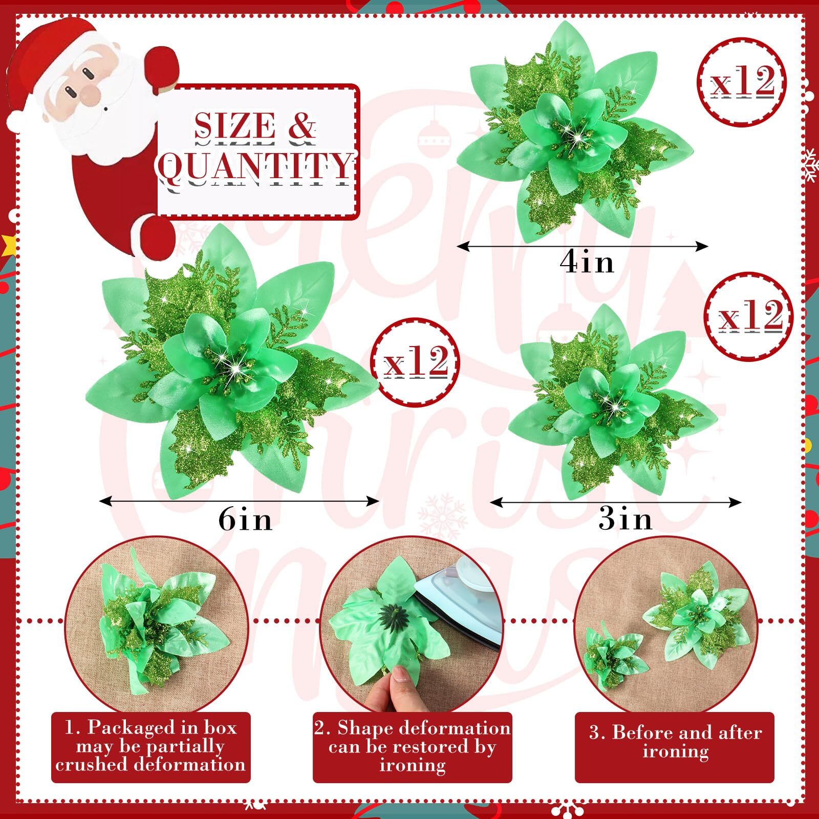 36 Pcs Emerald Green Poinsettias Glitter Christmas Flowers 6″ 4″ 3″ Clips