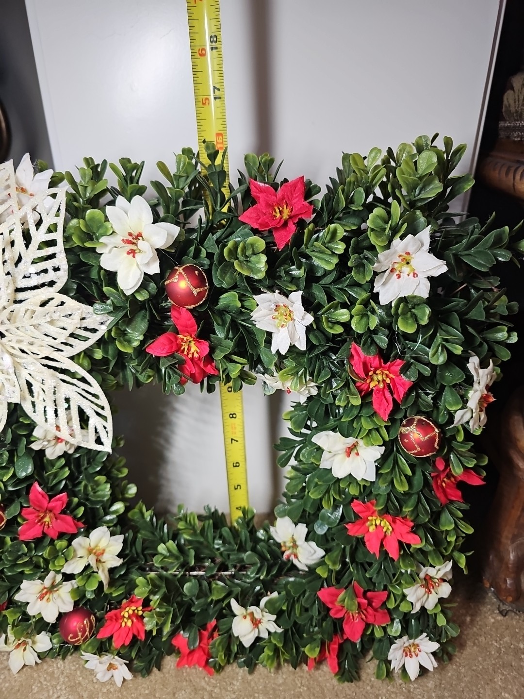 Stunning 16″ Tea Leaf and Poinsettia Artificial Square Holiday Wreath