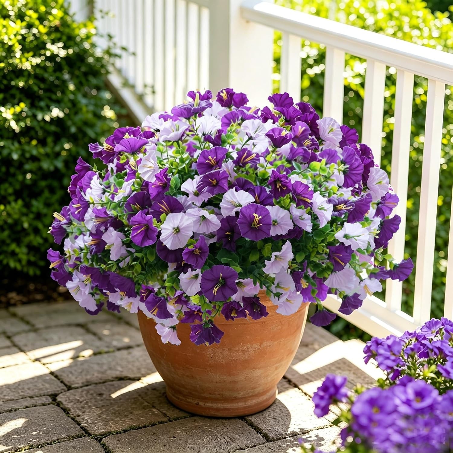 Artificial Fake Outdoor Flowers for Spring Summer Decor, 3 Bundles Faux Purple B