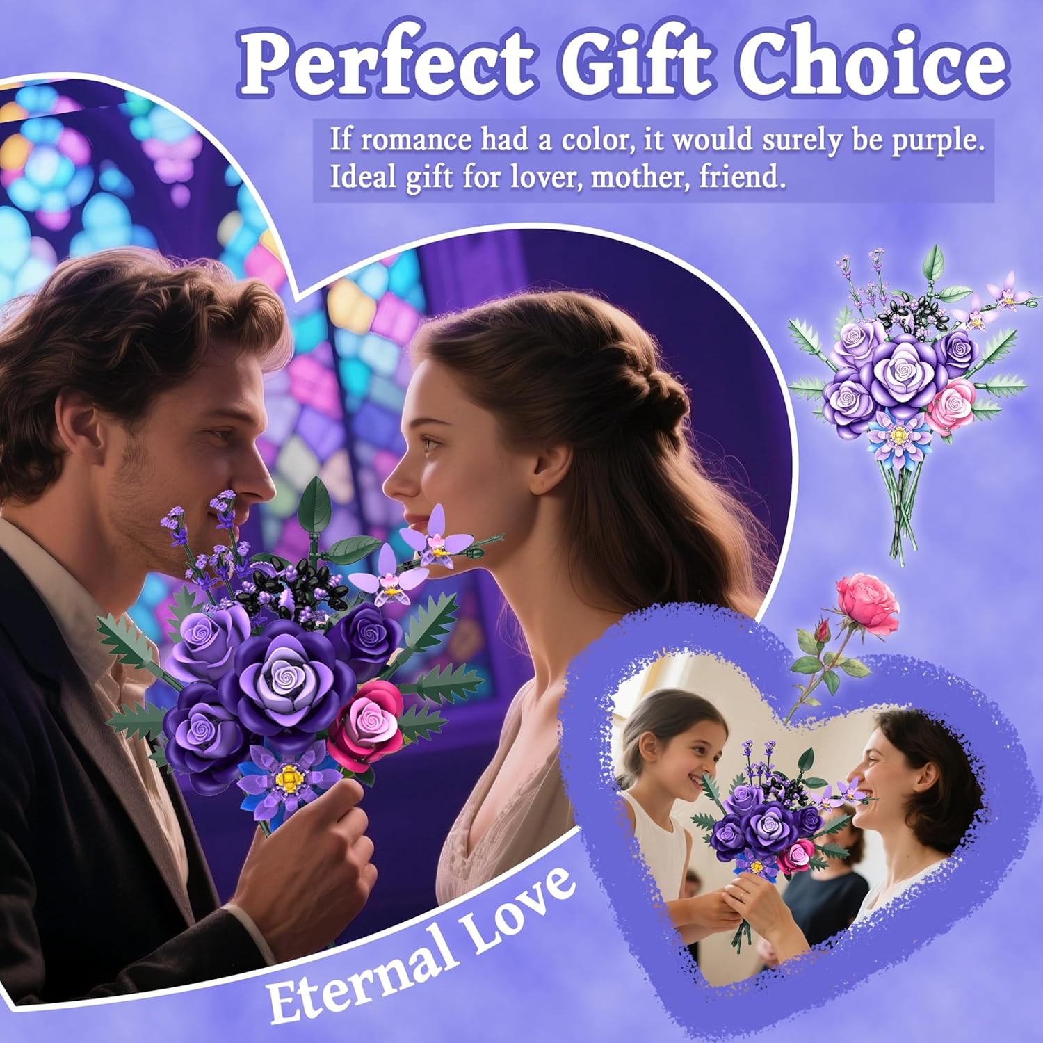 Purple Roses Flower Bouquet Building Sets, 834PCS Artificial Flowers Botanical C