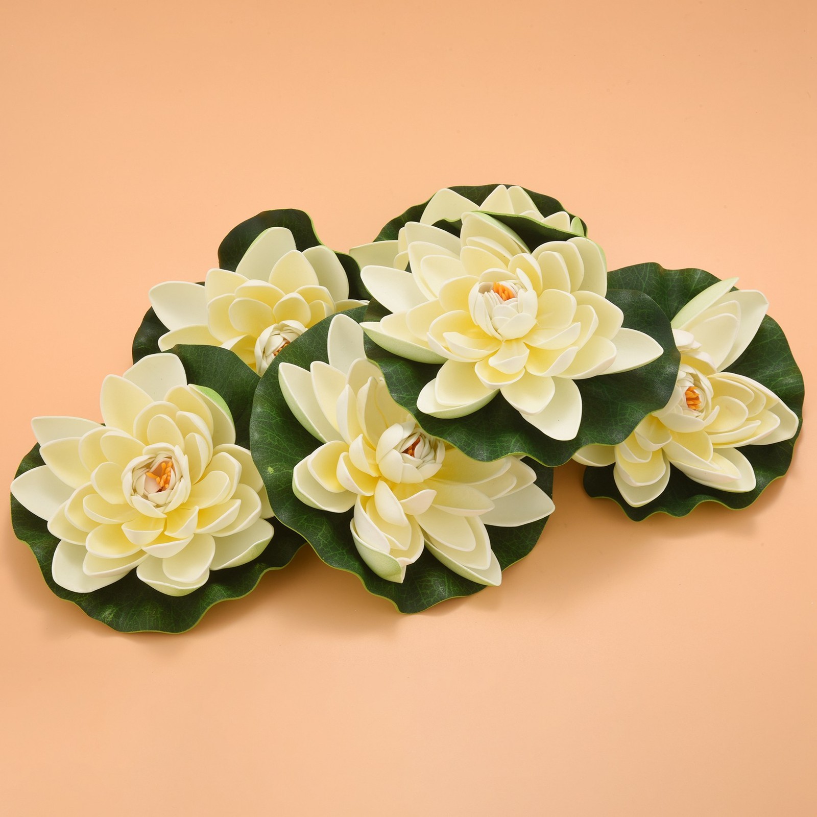 6Pcs Artificial Floating Foam Flowers,With Water Lily Pad Ornaments,Ivory2894