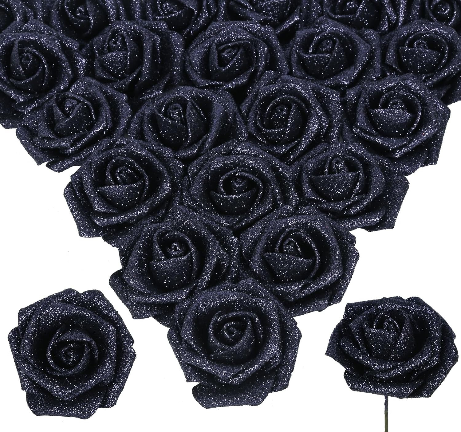 Glitter Roses 30Pcs 2.56″ Artificial Grey Black Roses with Stems for Baby Shower