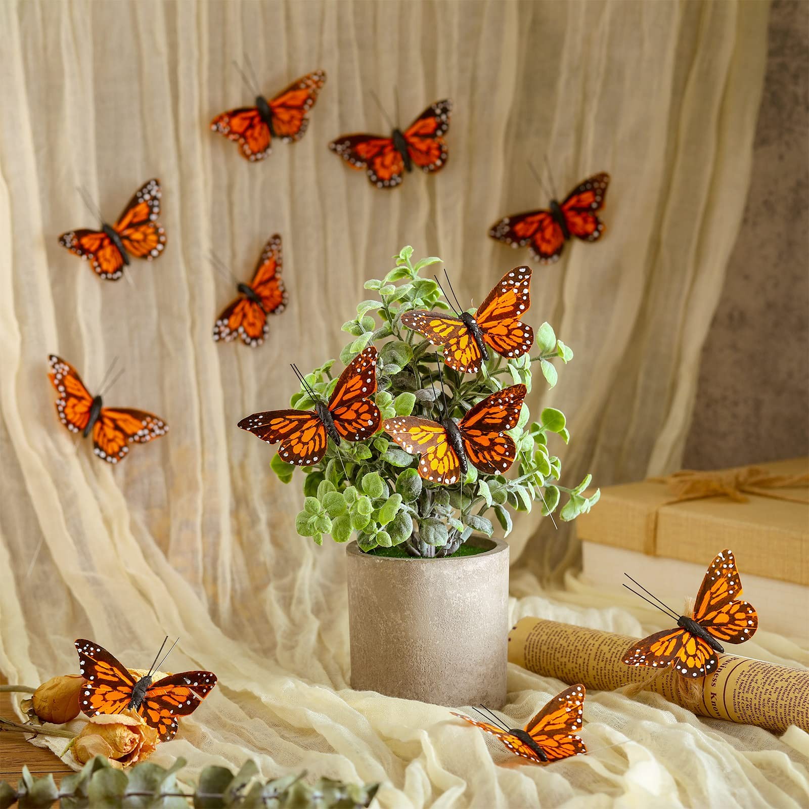12 Set Artificial Butterflies Orange Crafts Decor