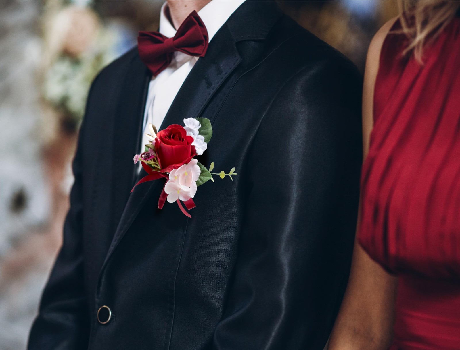2 PCS Rose Red Boutonniere Men Artificial Flowers Wedding Groom Prom