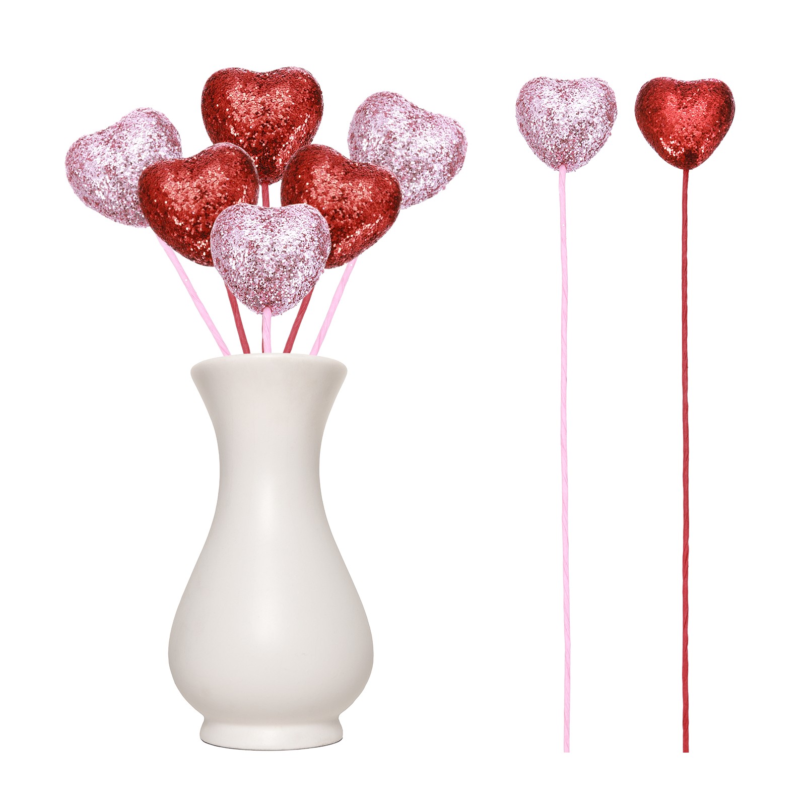 6 Pcs Glitter Heart Shaped Picks Puffy Foam Hearts Stick (Red/Pink, 3cm x 21cm)