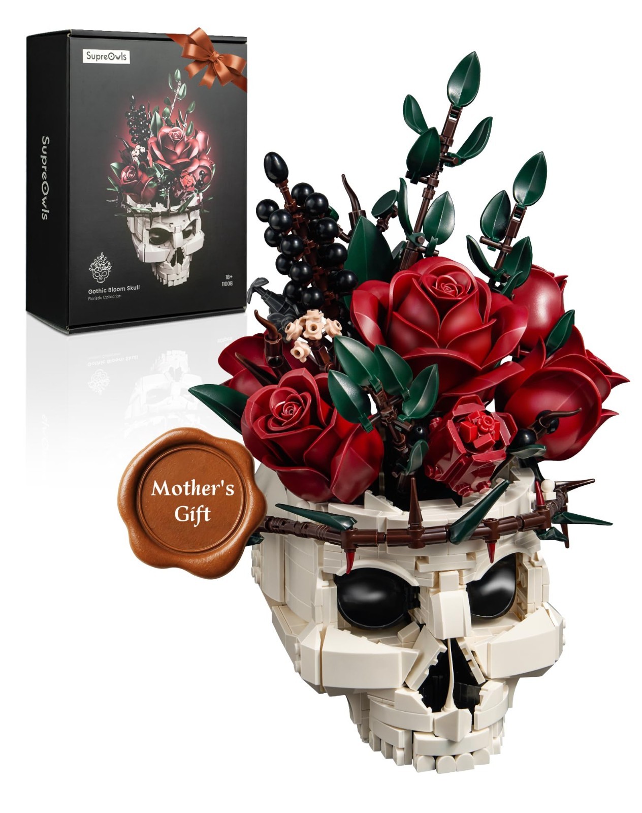 Skull Roses Flower Bouquet Building Set – Gothic Home Decor Kit for Adults, Perf