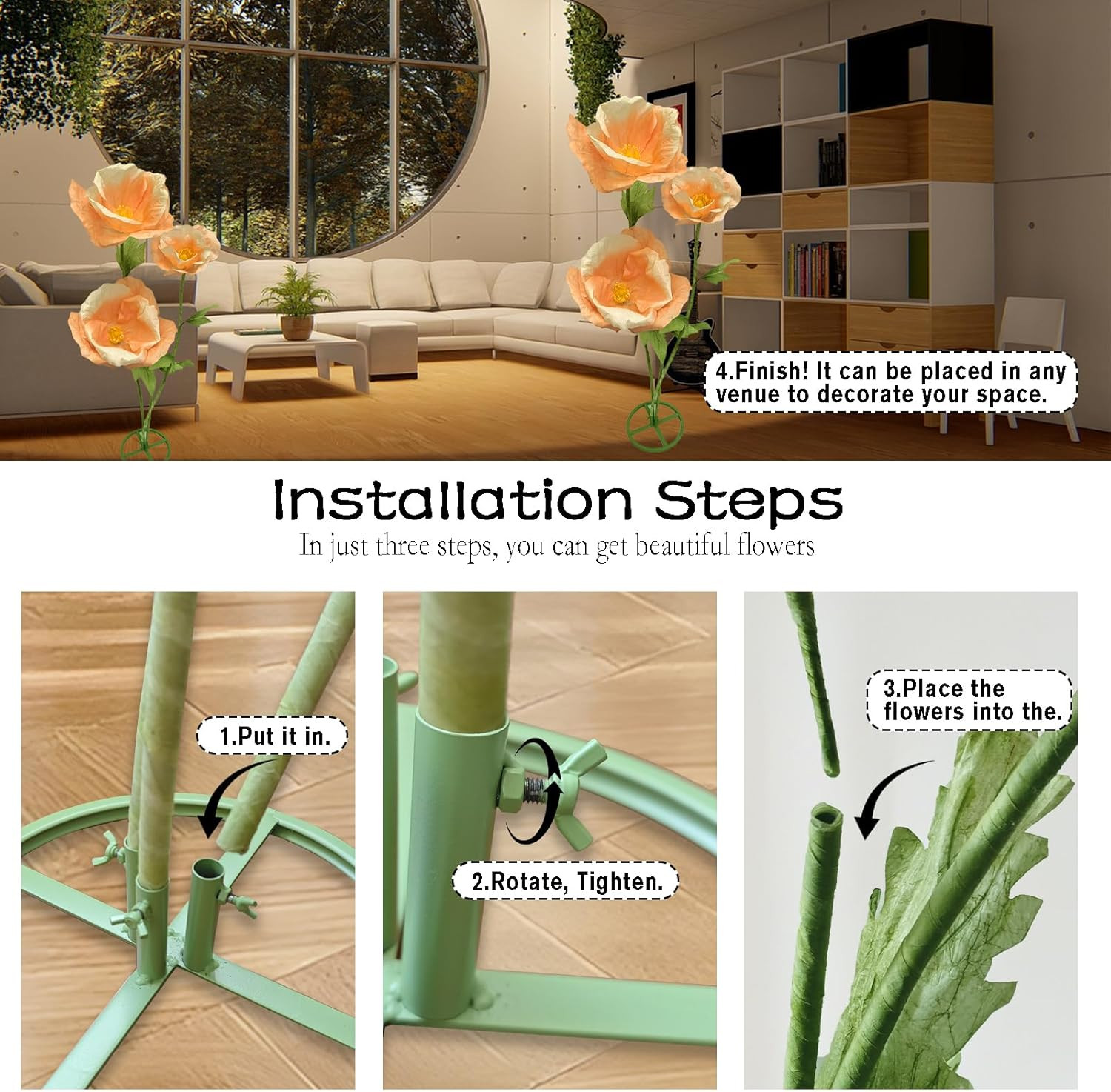 Giant 3PCS Faux Flowers Set – 80″ Waterproof Decor for Home & Events