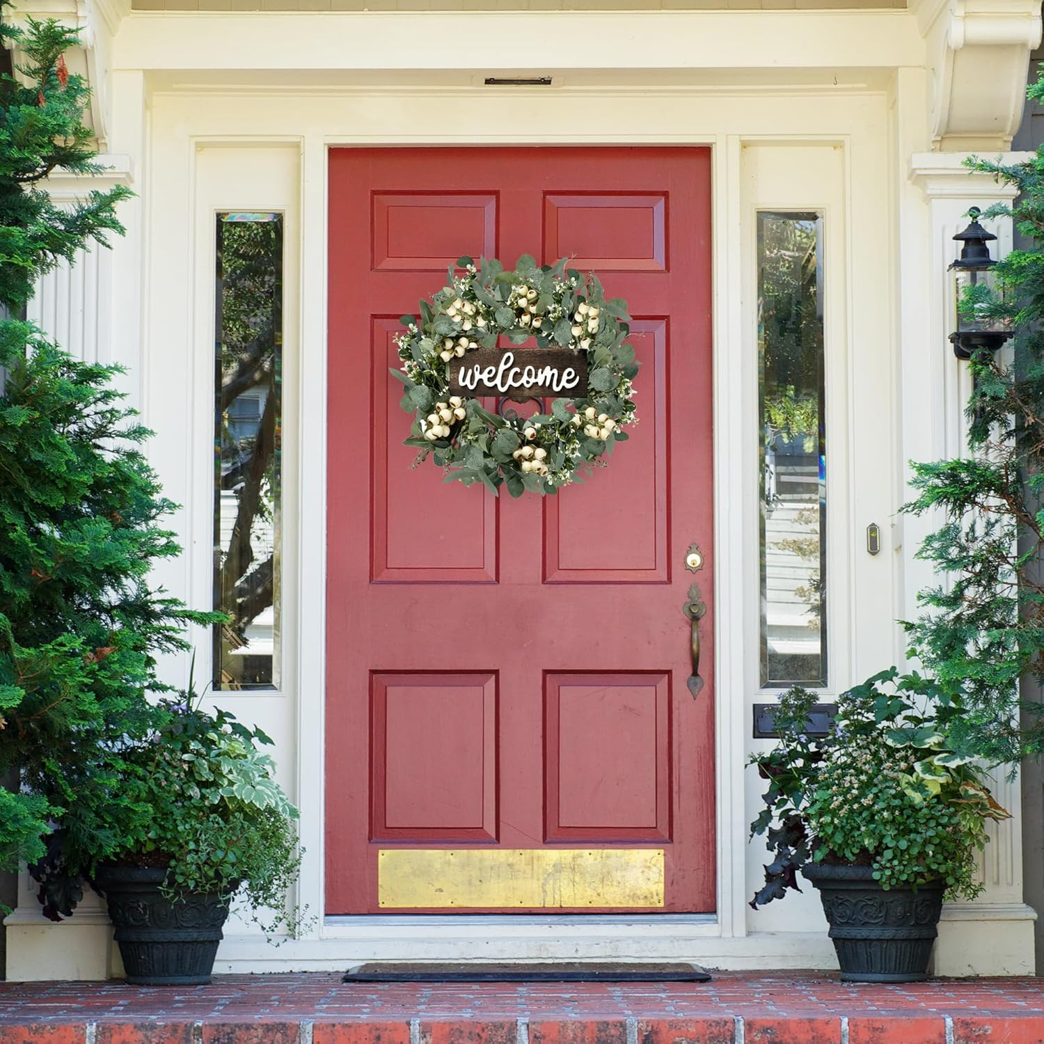 Green Artificial Eucalyptus Wreath with Welcome Sign 20In Spring Summer Wreath w