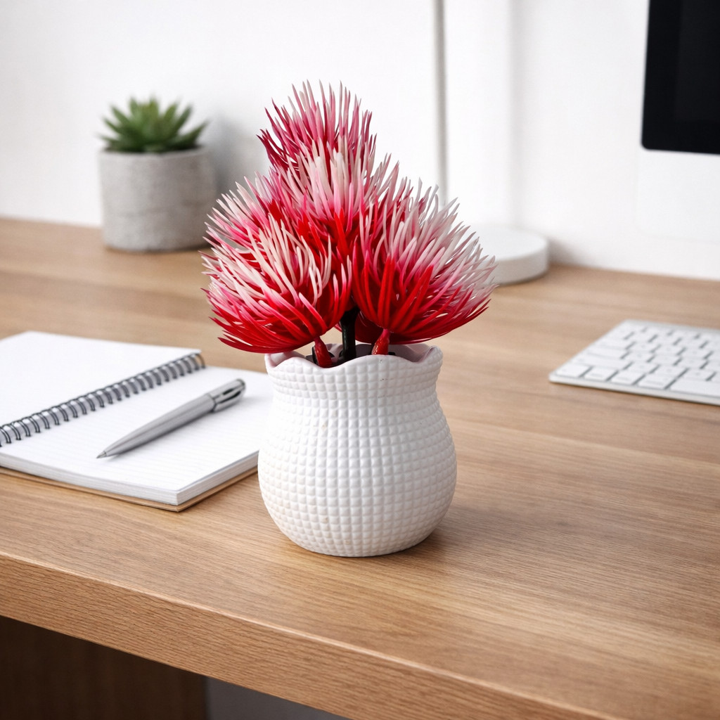 Artificial Pink Orange Red Decorative Plant in White Pot Home Office Decor