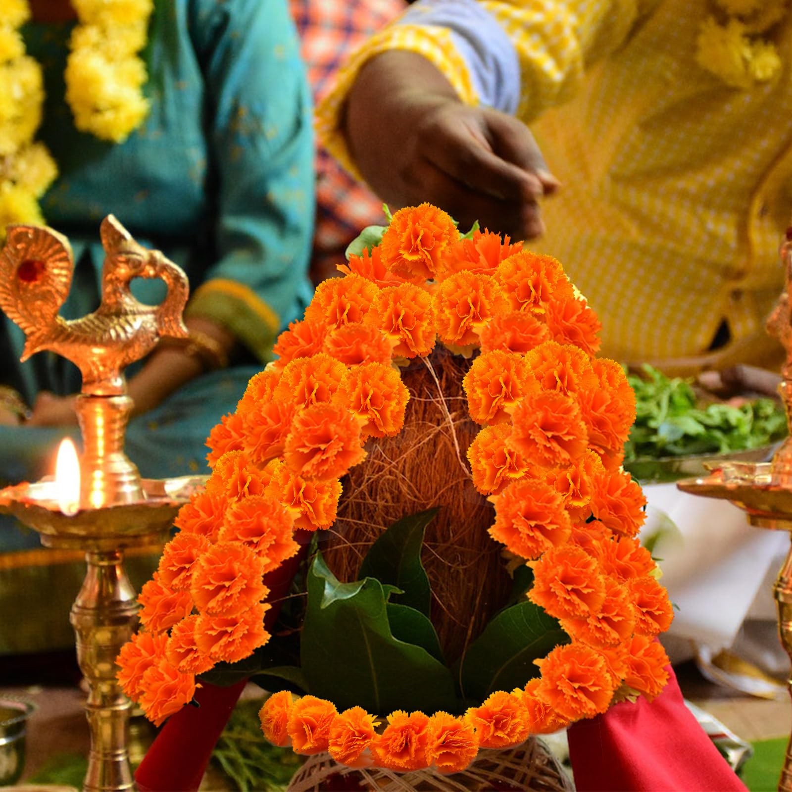 Cabezas de flores de caléndula de seda artificiales para Diwali, festival indio