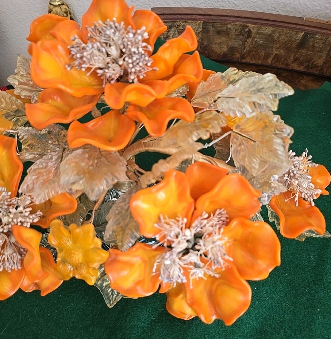 Art Glass Orange Flower Arrangement Peony Bonsai Tree Centerpiece Murano? Italy
