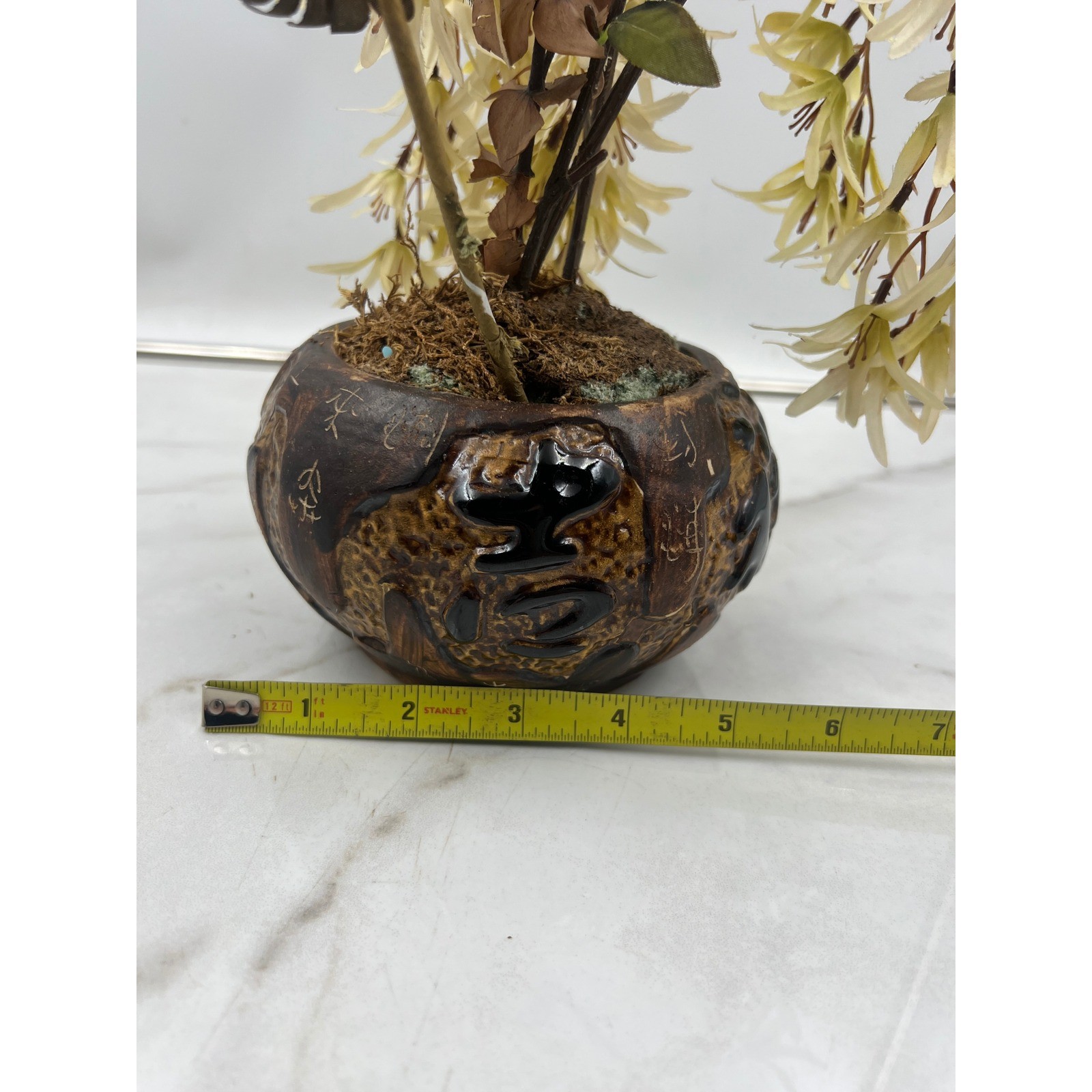 Vintage Chinese Calligraphy Ceramic Planter with Faux Floral Arrangement Brown