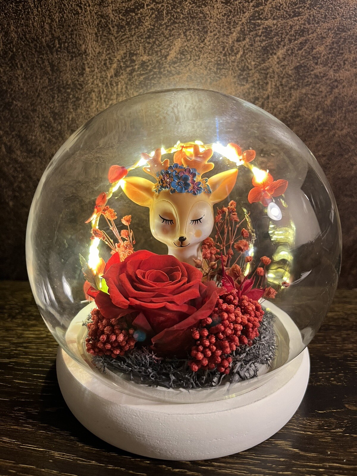 Eternal Rose flower In Glass Dome LED Light & Deer Gift Home Decoration Gift