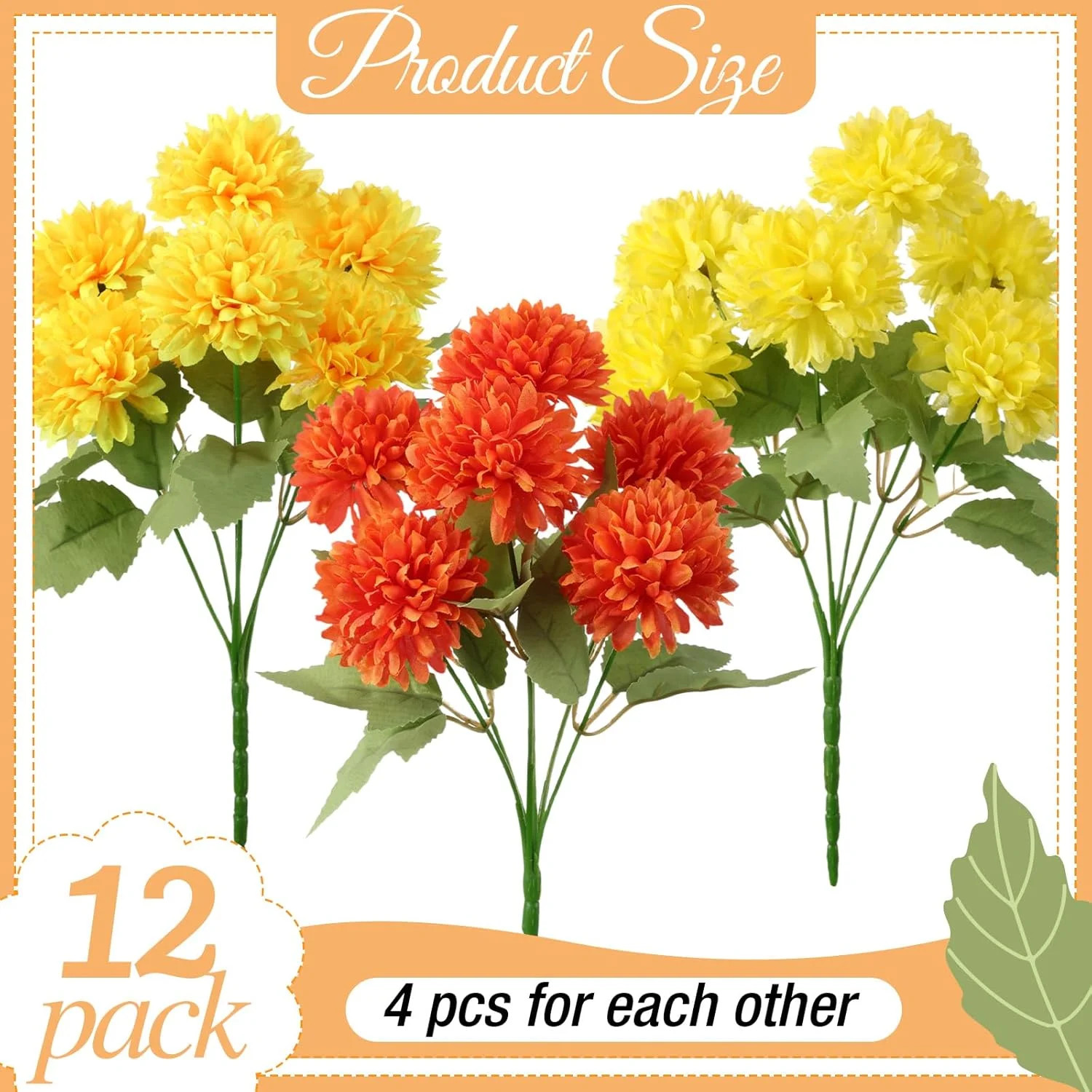 12 Pcs Fall Faux Chrysanthemums for Autumn Garden Decor – Light Yellow & Orange