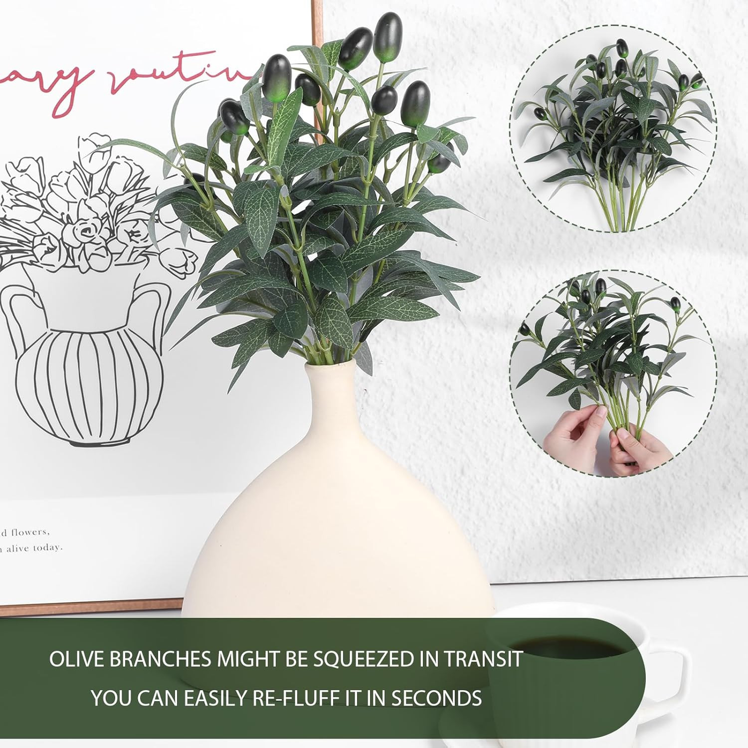 5Pcs Faux Olive Leaves Stems, 11 Inch Olive Branches Artificial Tree Tabletop Gr