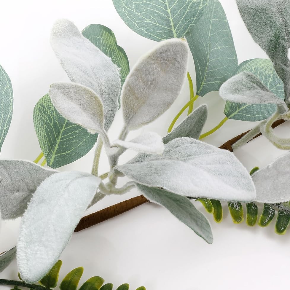 2 Pack 11.8 ft Artificial Flocked Lambs Ear Garland Eucalyptus Fern Leaves Gr…