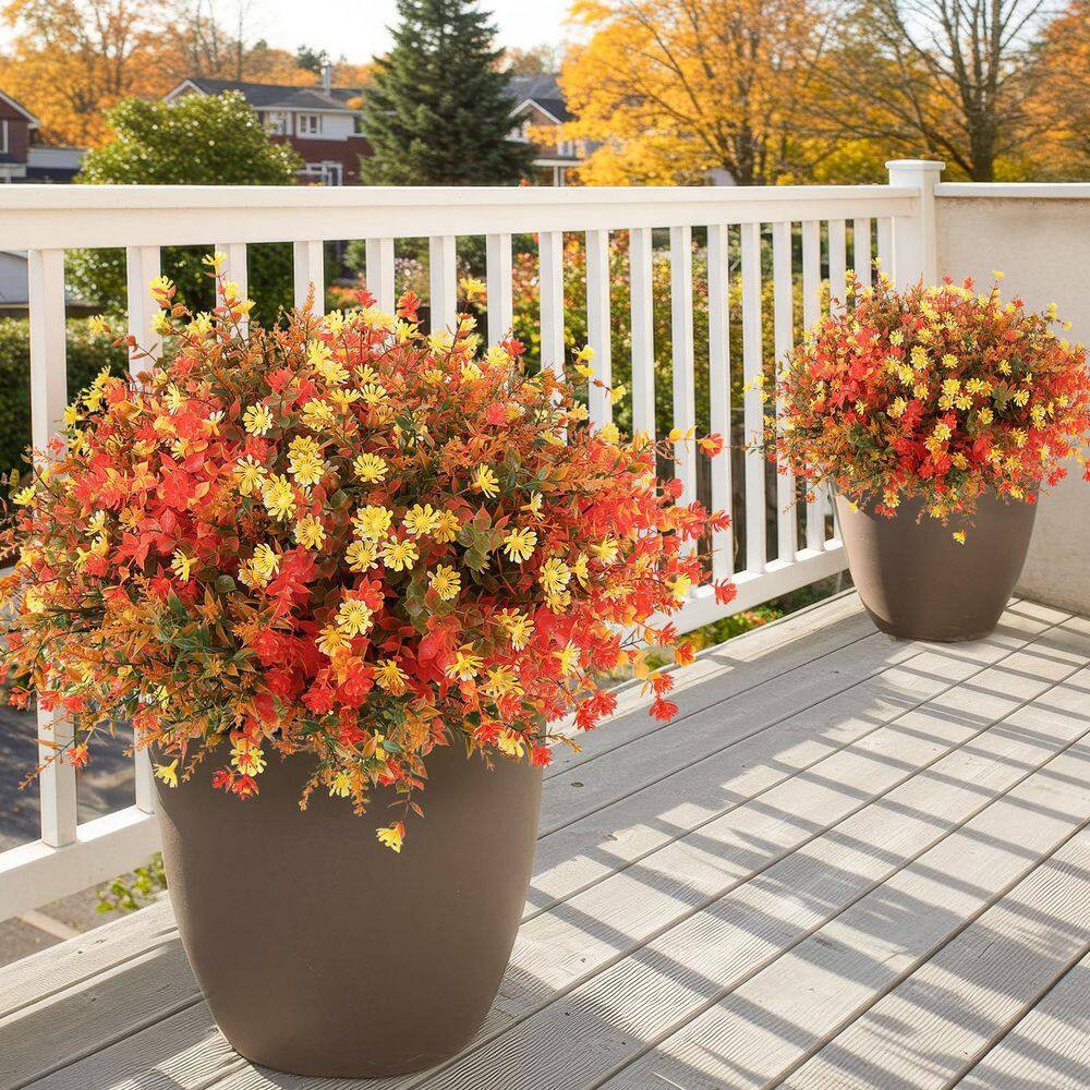 1 In. H Orange Artificial Mums 12-Bundles UV Resistant Fake Flowers for Outdoor