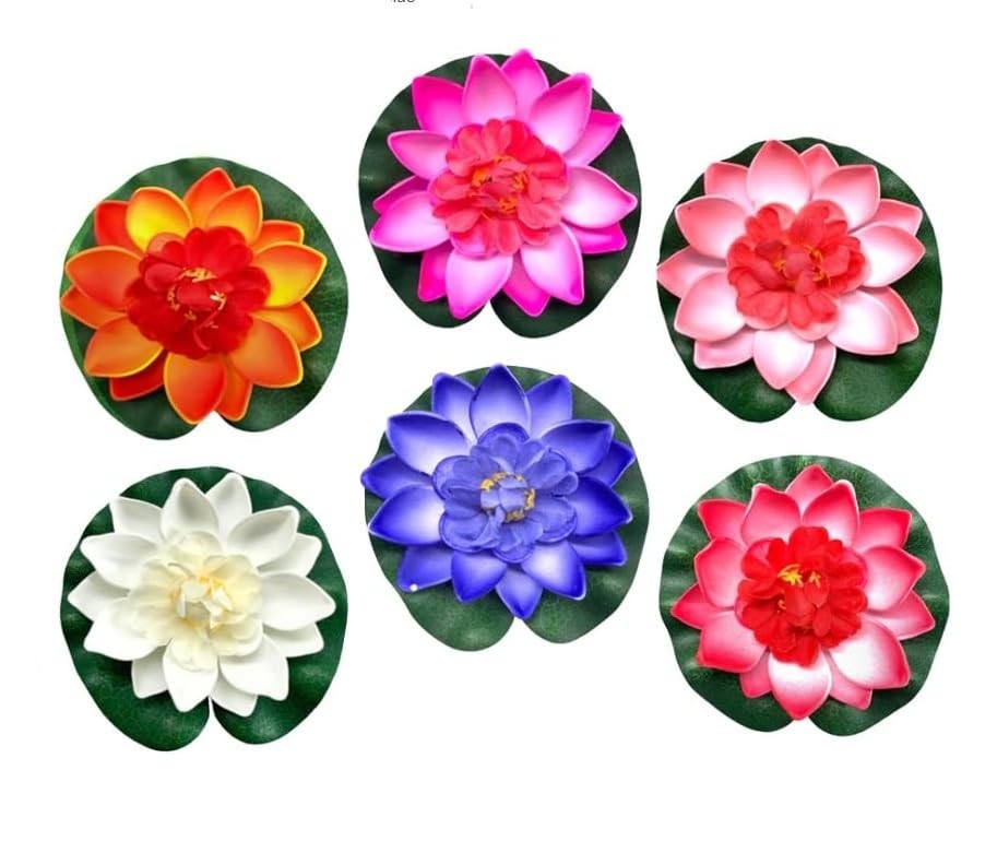6 Pcs Large Floating Lotus Flowers Faux with Artificial Lily Pads, Artificial.