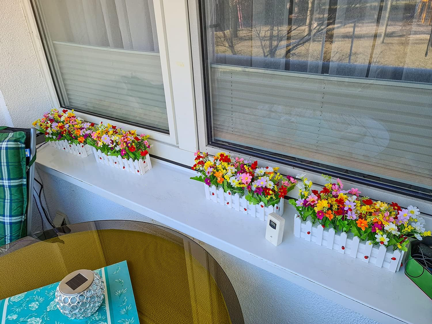 Artificial Flower Plants – Mixed Color Daisies in Picket Fence Pot for Indoor Of