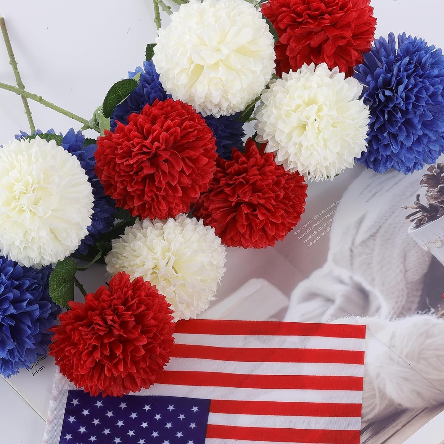 Realistic Silk Chrysanthemums – 12 Count Red, White & Blue – Indoors/Outdoors