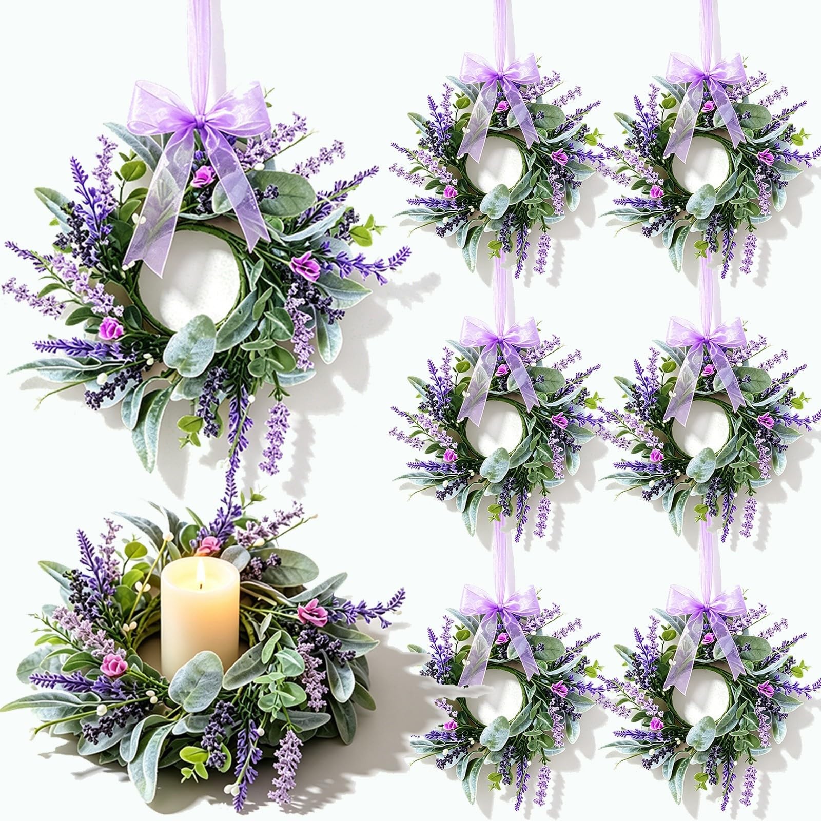 8 Pcs Mini Lavender Hanging Wreaths Purple Daisy Candle Rings Pillar Holder W…