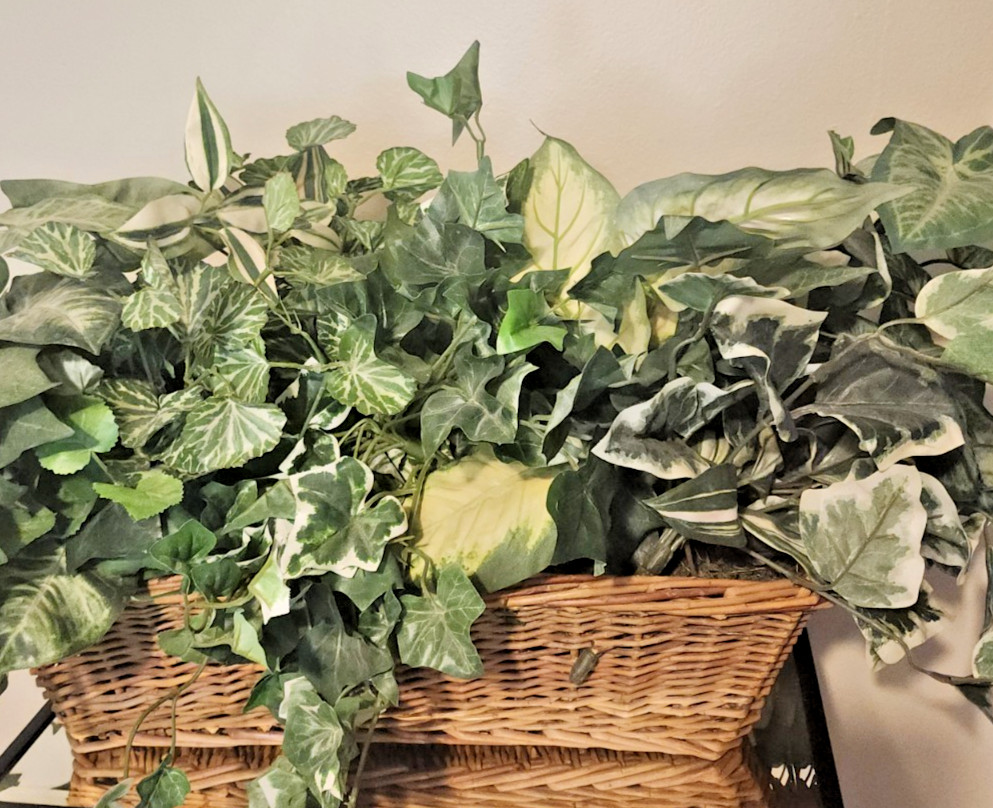 Large Faux Plant Arrangement Wicker Basket Artificial Ivy Greenery Home Decor