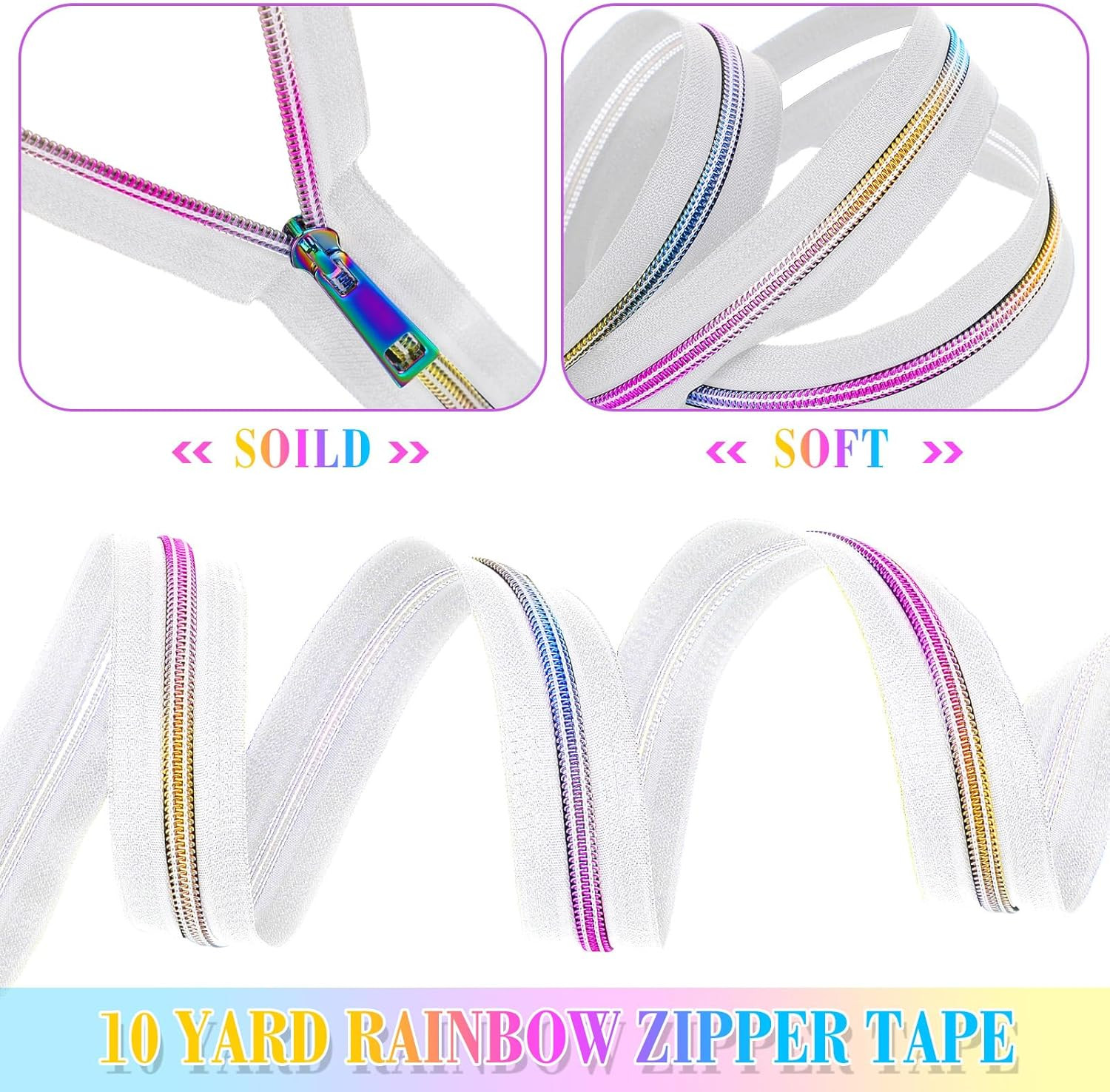 #5 Rainbow Zipper Tape by the Yard 10 Yards Rainbow Teeth Nylon Zipper with 20 P