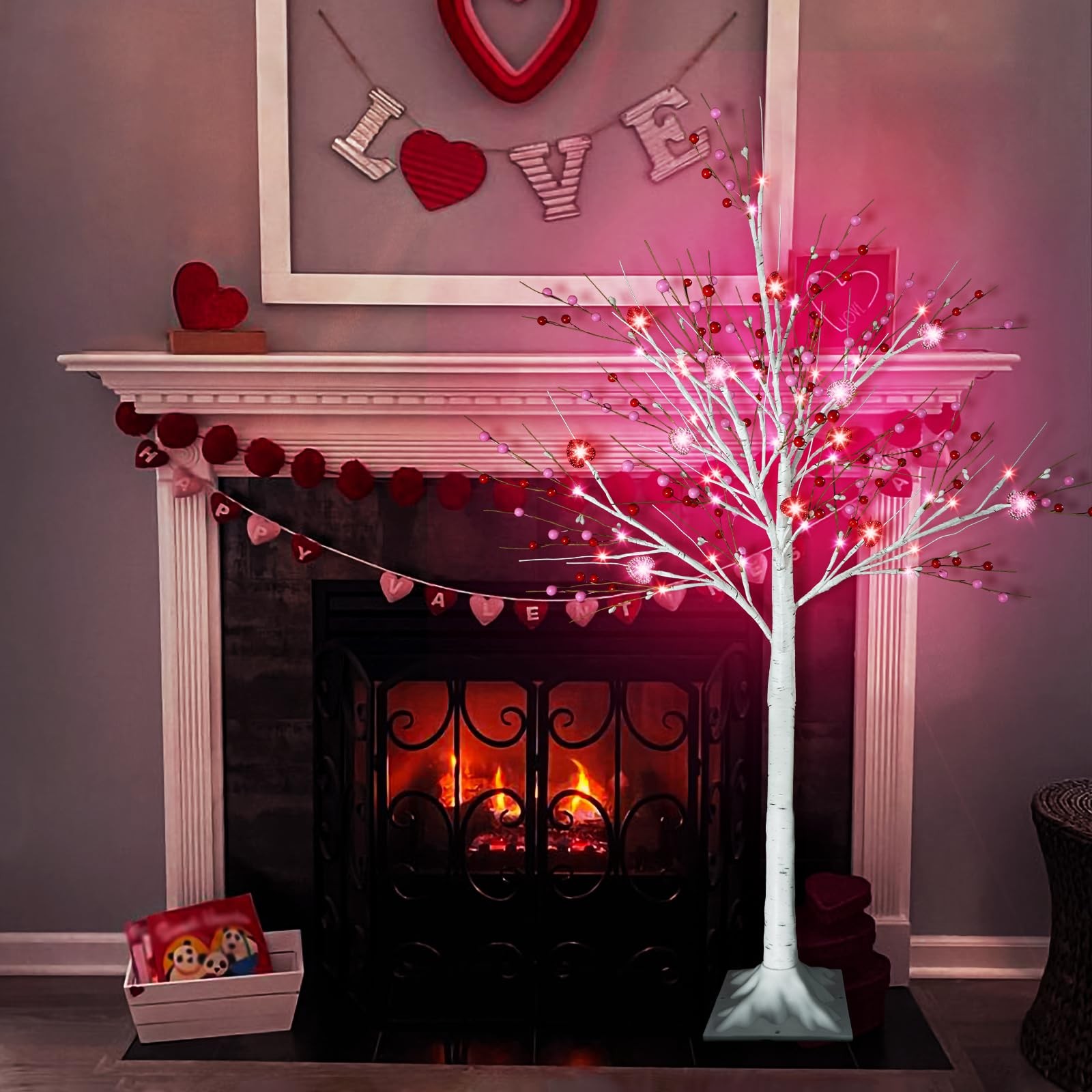 4 FT Lighted Valentines Day Artificial Birch Tree 48 LED Red Pink Heart
