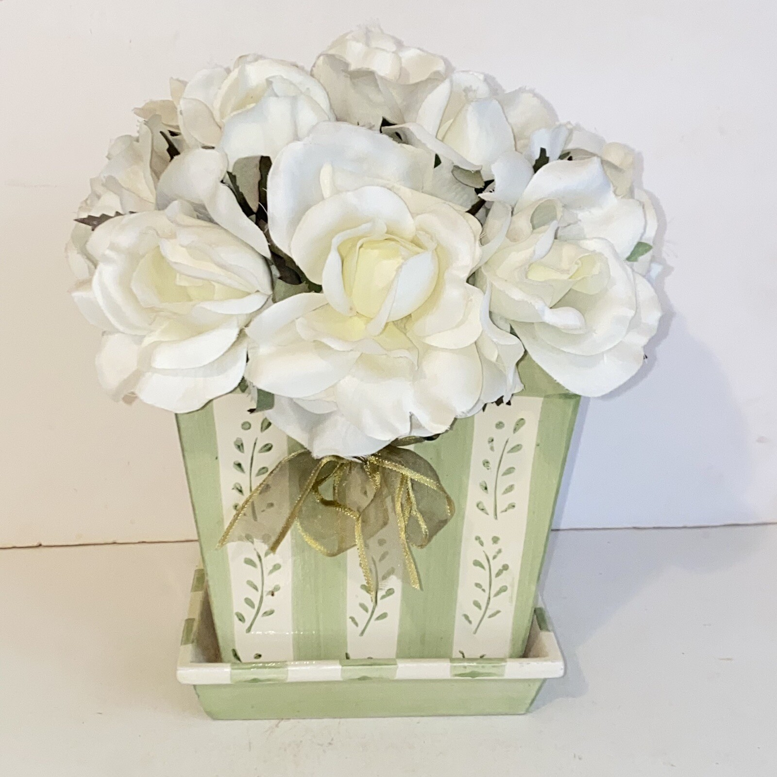 White Rose Floral Arrangement in Green & White Ceramic Holder Vase Planter