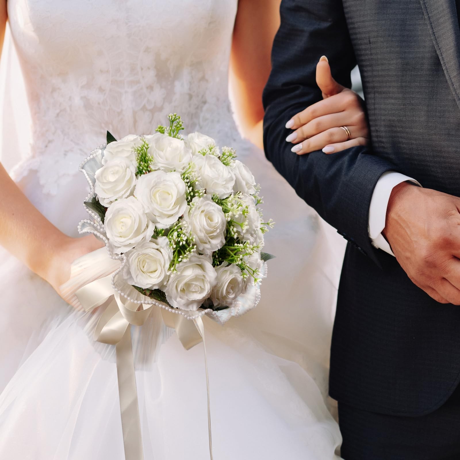 Ivory White Bridal Wedding Bouquet Bridesmaid Flowers Artificial Toss Rose Silk