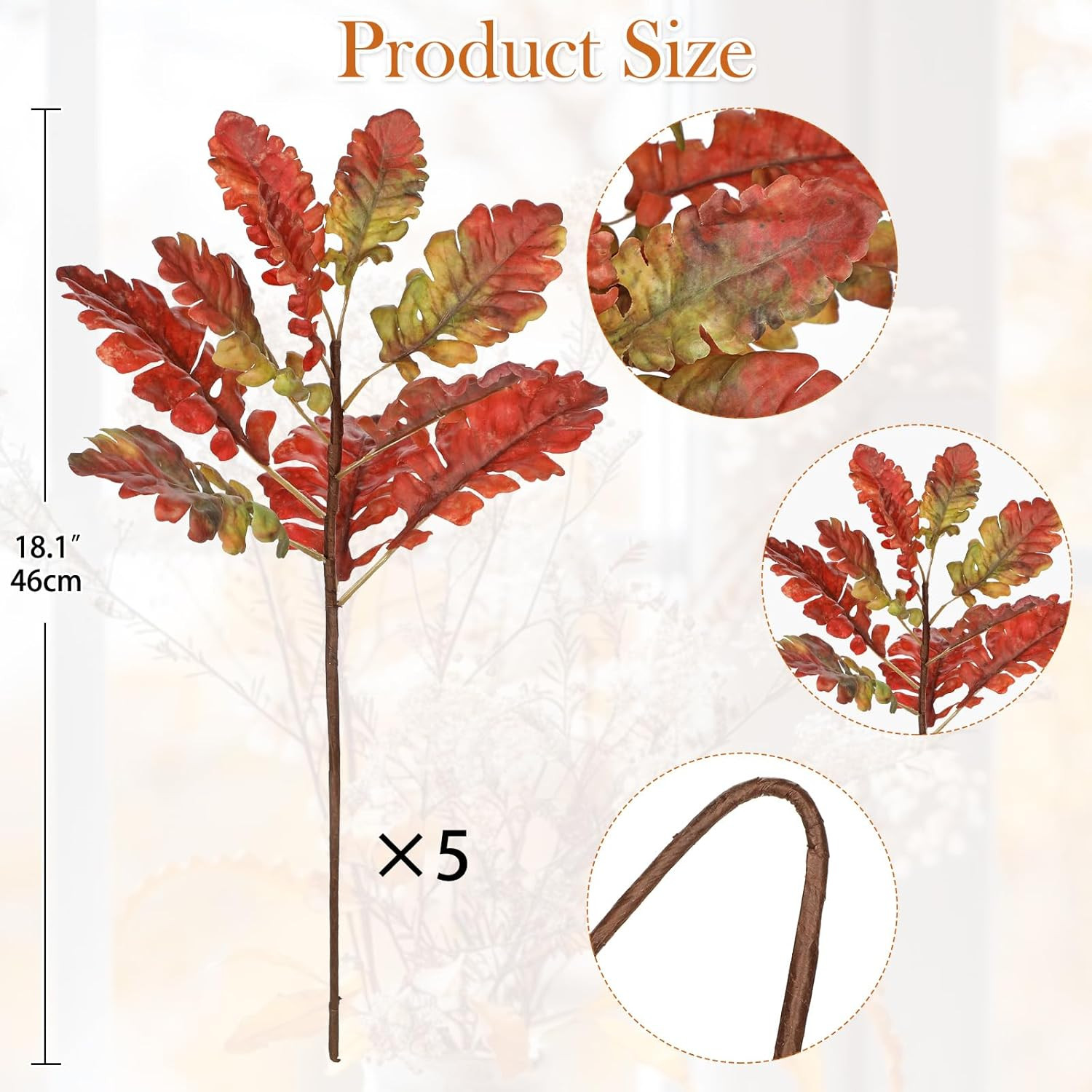 Faux Oak Leaf Branches 5 Pcs Fall Leaf Stems for Vases, 18″ Fall Leaves Stems Ar