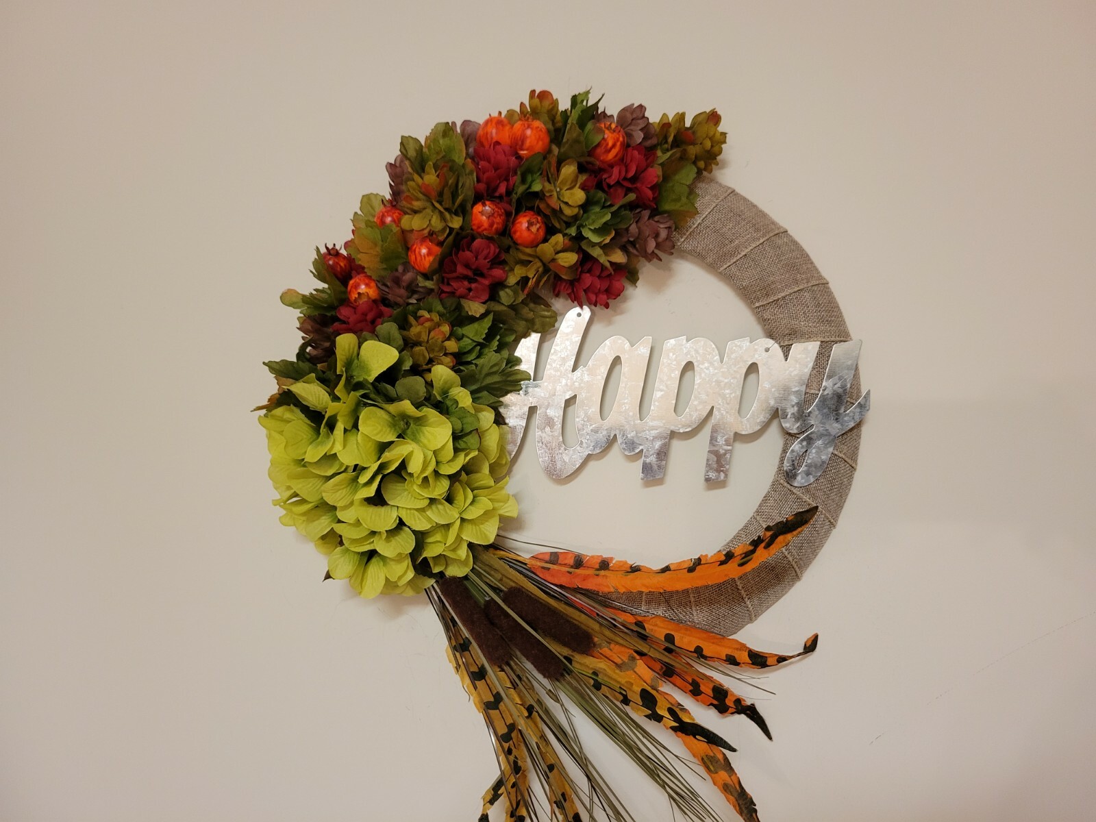 HAPPY Hydrangeas Cat tail burlap WREATH FALL Feather Decor Front Door 15″ fire