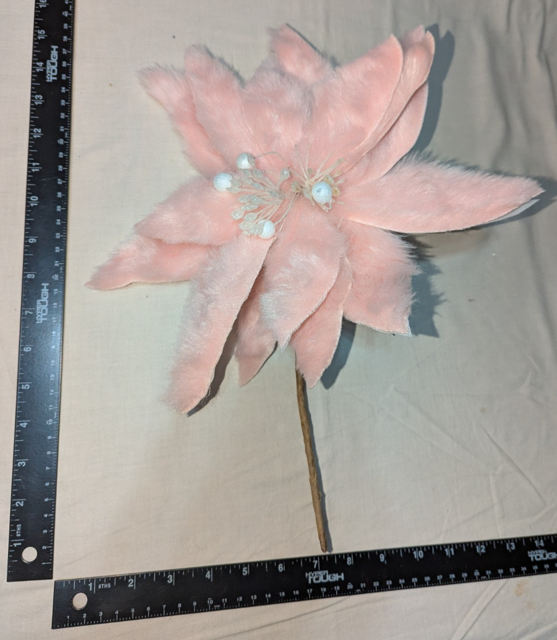 12in Large Artificial Decorative Pink Faux Fur Poinsettia Flower w/ Stem
