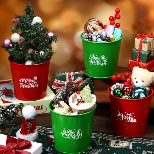 20 Pcs Christmas Metal Buckets Christmas Galvanized Flower Planters Pots Red