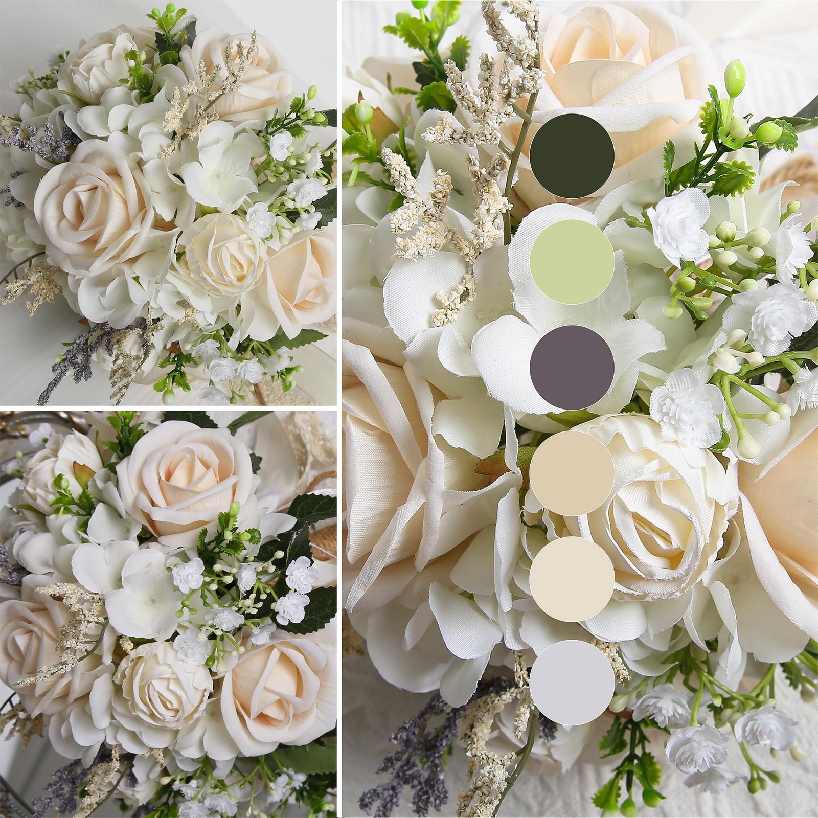 Wedding Bouquets for Bride Bridesmaid, White Champagne Artificial Roses Flowe…