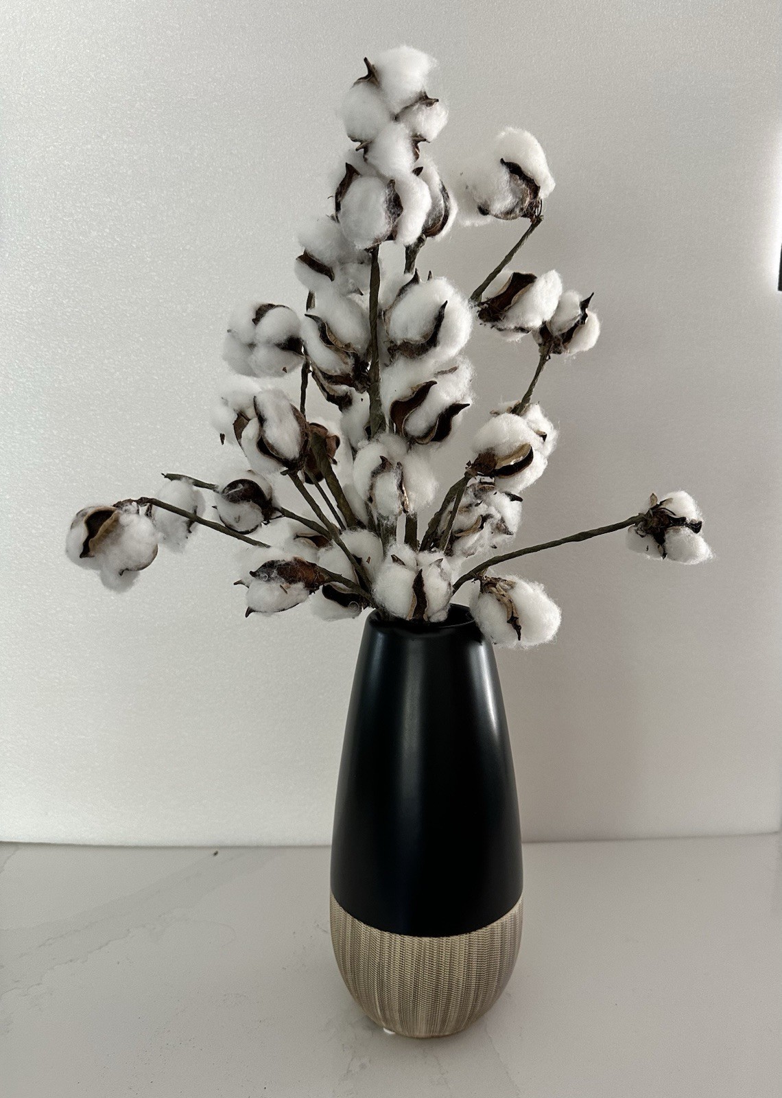Modern Farmhouse Ceramic Vase Black Gold & Faux Cotton Stems Centerpiece Set