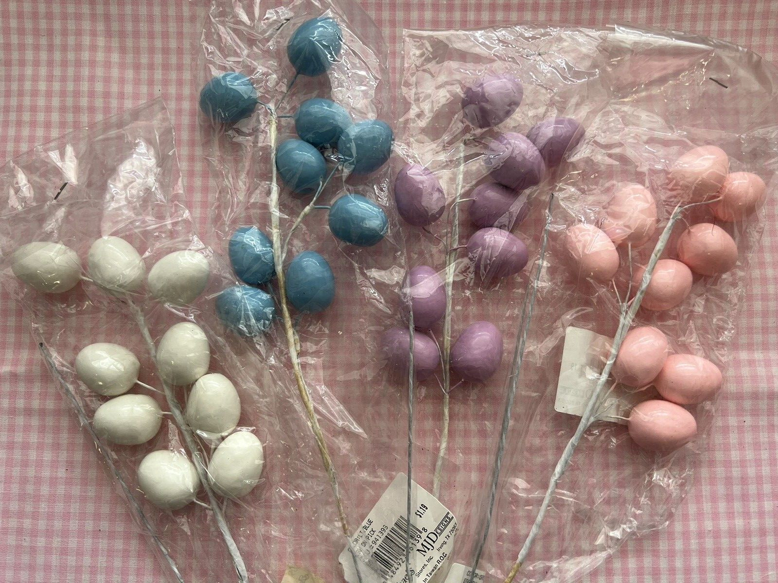 4 Easter Egg Spray Picks Pastel Colors Blue White Pink Purple Foam & Painted NEW