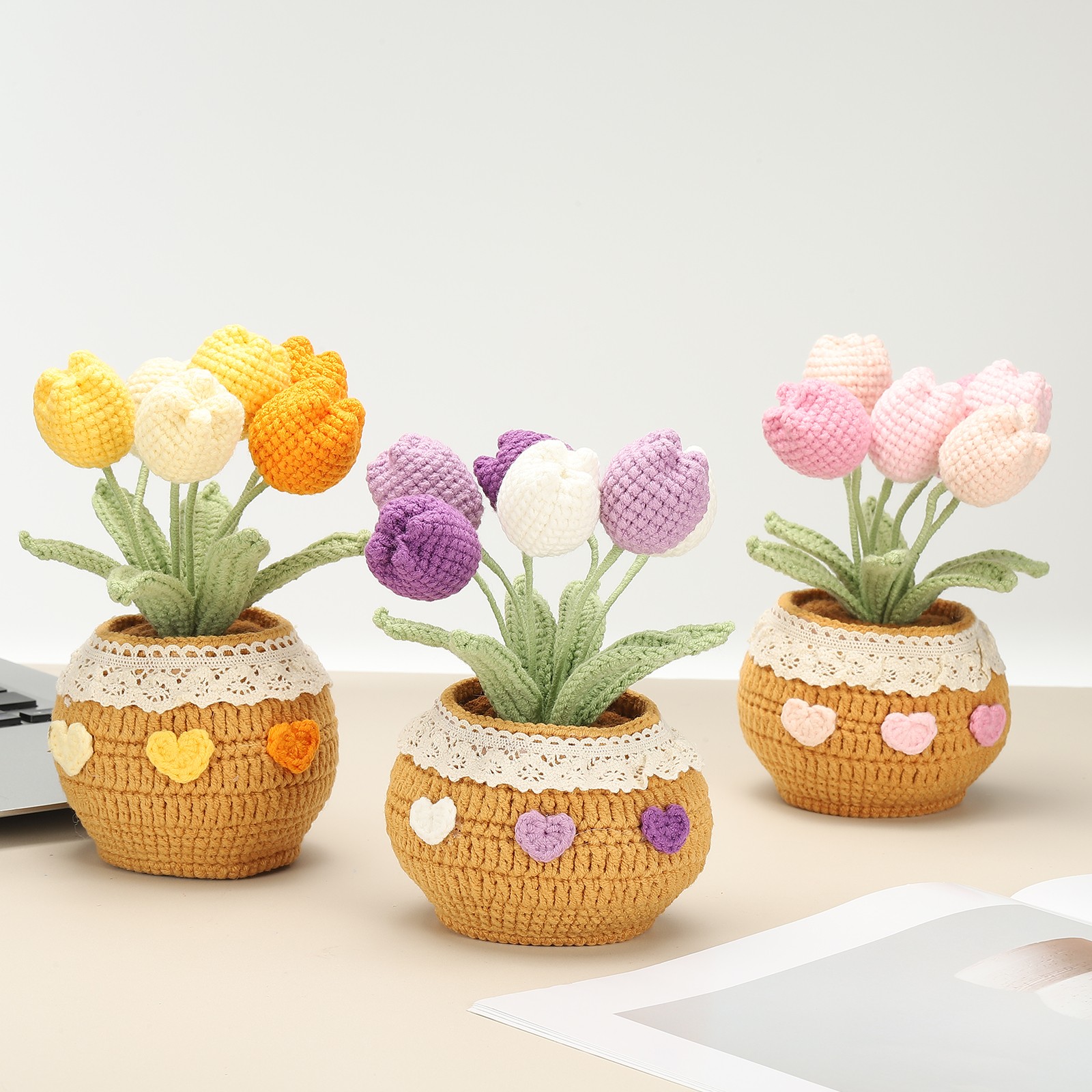 Crochet Flowers Tulip Artificial Flowers Little Potted 6 Flowers Gradient Pink