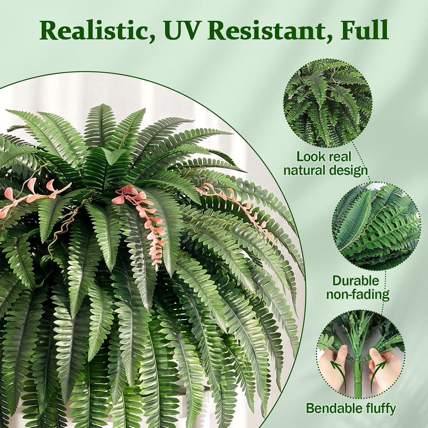 2PCS 48″/128Leaves Artificial Boston Fern Bush, Large Artificial Ferns for Outdo