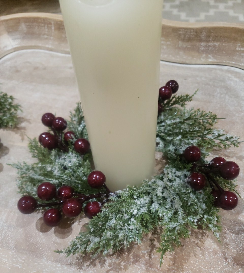 PAIR Farmhouse Primitive FROSTED CRANBERRY CEDAR PINE CANDLE RING 3″ CENTERS