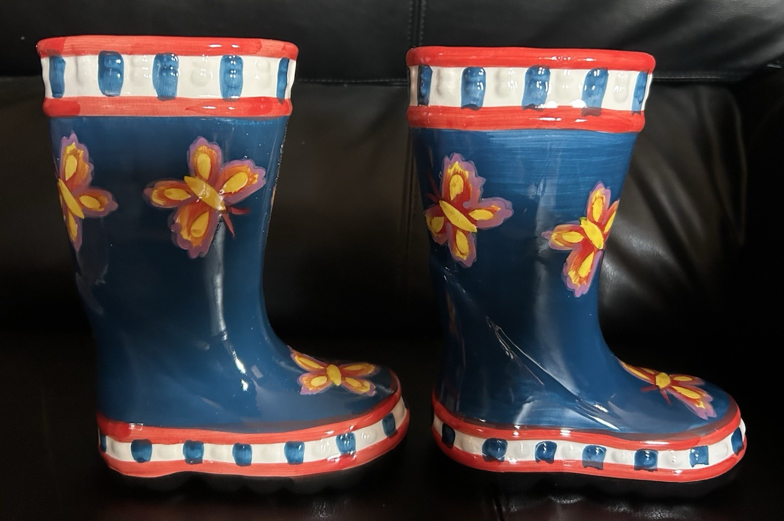 Pair Of Ceramic Butterfly Rain Boot Planter 7.5″ tall Blue,Yellow, Red, White