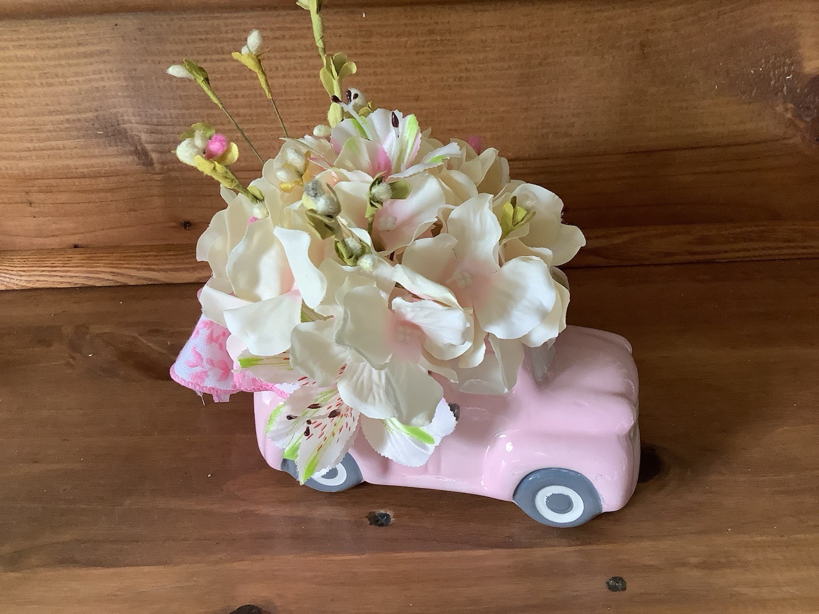 Artificial Hydrangea Flower Arrangement White Pink Green in Pink Ceramic Truck